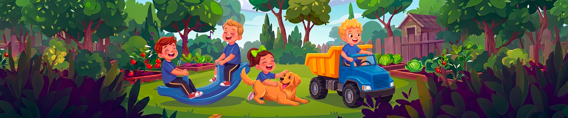 Ilustração de crianças brincando no quintal da escola com gangorra, cachorro e caminhãozinho